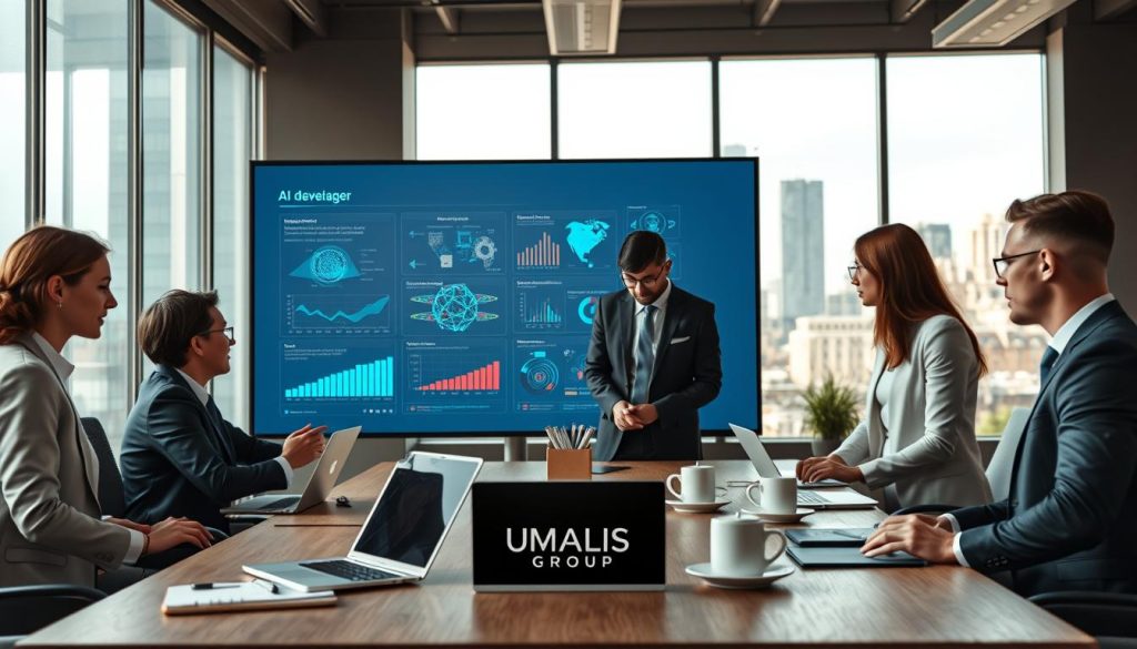 A focused and inspiring office scene illustrating "Cadrage d’une mission de développement" for an AI developer in a salary portage context. In the foreground, a diverse group of professionals in smart business attire collaborate over a large digital screen showcasing data analytics and AI visuals. The middle ground features a modern conference table with laptops, notebooks, and coffee cups, symbolizing active discussion. In the background, large windows allow natural light to flood in, with a city skyline view suggesting innovation and progress. The atmosphere is one of productivity and creativity, reflecting the integration of AI into work seamlessly. The image should highlight the brand "UMALIS GROUP" through subtle branding on a notepad or digital device in the scene. Use soft lighting to create a warm, engaging mood, with a focus on clarity and professionalism.