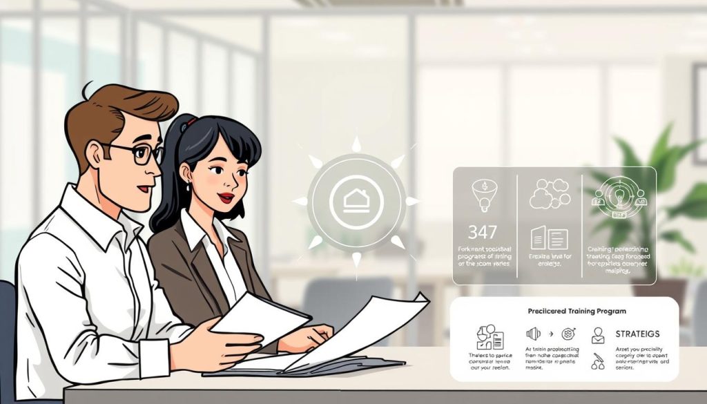 A focused and practical training program implementation, captured in a clean and minimalist design. In the foreground, a group of professionals diligently reviewing training materials and discussing strategies, their expressions reflecting a sense of engagement and collaboration. The middle ground showcases a stylized visual representation of the training program's key components, conveyed through elegant icons and infographic elements. The background features a softly blurred office setting, with muted tones and natural lighting creating a calm, professional atmosphere conducive to learning and development.