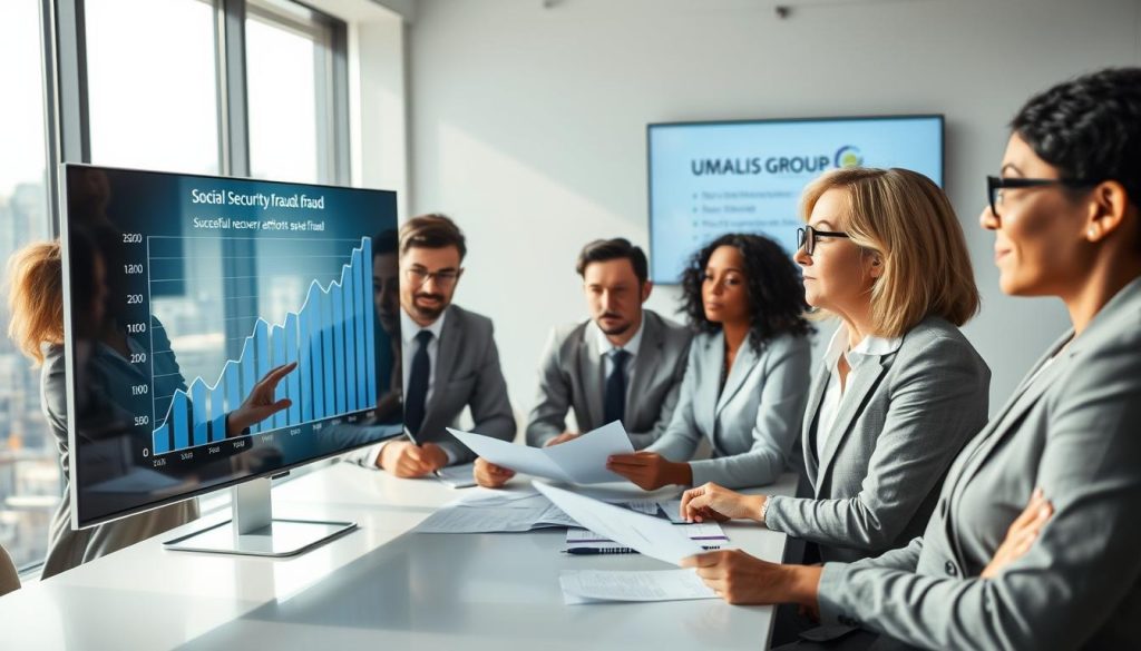 A focused and professional scene depicting a modern office environment where a team of diverse business professionals is engaged in a discussion about social security fraud prevention. In the foreground, a middle-aged woman in business attire points at a digital chart displaying upward trends that represent successful recovery efforts against fraud. In the middle ground, a diverse group of colleagues, including a man with glasses and a woman of African descent, review documents and share ideas around a conference table. In the background, large windows reveal a cityscape, with soft sunlight filtering in, creating an optimistic atmosphere. The overall mood should convey determination and teamwork in combating social security fraud. Prominently display the logo "UMALIS GROUP" on a visible wall or presentation screen.