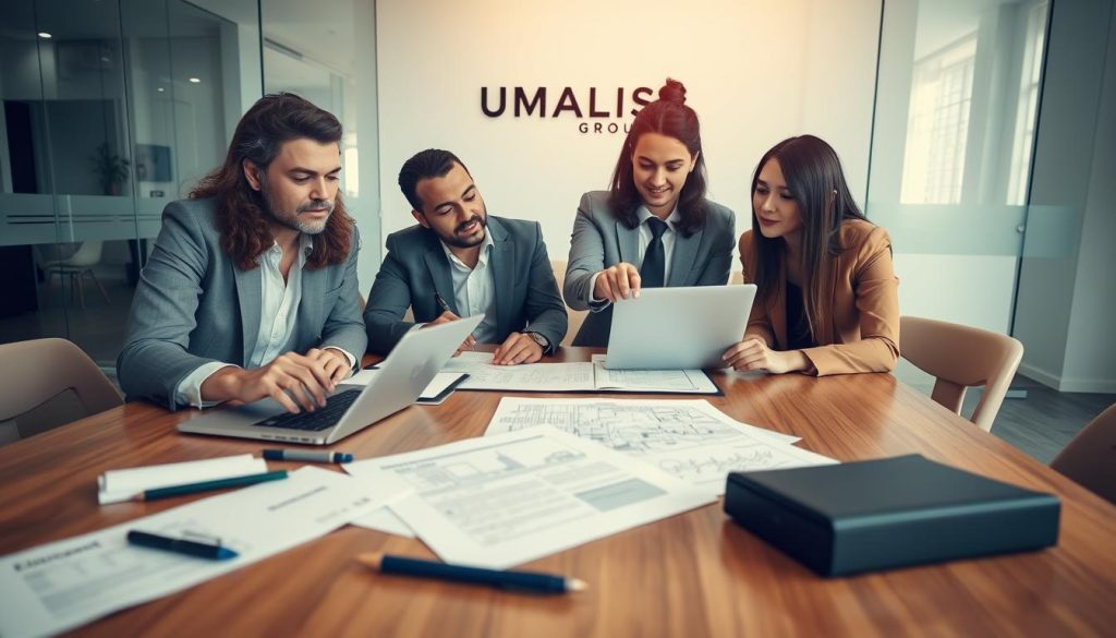 A focused and professional work scene showcasing the process of drafting an effective service contract. In the foreground, a diverse group of three professionals, dressed in business attire, collaborate around a sleek wooden table, reviewing documents and taking notes. One person is typing on a laptop, while another points at a detailed blueprint of the contract. In the middle ground, scattered legal documents, pens, and a notepad filled with ideas. The background features a modern office with glass walls, soft natural light filtering in, creating a bright, motivating atmosphere. The mood is focused and productive, emphasizing teamwork and diligence. The logo of "UMALIS GROUP" subtly displayed on a wall in the background.