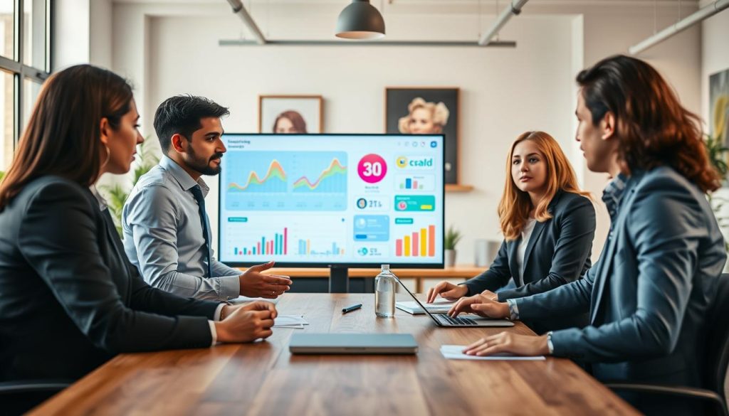 A focused and visually engaging workspace illustrates the theme of "freelance digital visibility strategy." In the foreground, a diverse group of three professionals, dressed in smart business attire, gather around a modern wooden desk, discussing digital marketing ideas. The middle ground features a large digital screen displaying colorful analytics graphs and social media metrics, emphasizing data-driven decisions. In the background, a bright, inviting office space with plants and inspirational artwork creates a motivational atmosphere. Soft, natural lighting filters through large windows, casting warm shadows, while a slight lens blur enhances the depth of field, drawing the viewer’s attention to the collaborative discussion. The overall mood is dynamic and professional, reflecting innovation and creativity in the digital age. Incorporate the brand name "UMALIS GROUP" subtly into the workspace design.