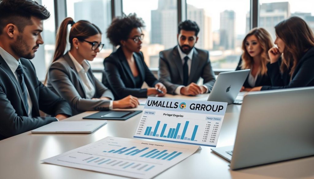 A focused business setting displaying a professional meeting scene, with a diverse group of business people in smart attire gathered around a sleek conference table, deep in discussion about salary objectives in the context of portage salarial. In the foreground, a laptop open to a financial spreadsheet illustrating projected net income and revenue targets. In the middle, graphs and charts showcasing the calculations, with an emphasis on clarity and precision. The background features a large window letting in natural light, with a modern cityscape visible, symbolizing opportunity. The atmosphere is collaborative and goal-oriented, conveying professionalism and aspiration. Include the brand name "UMALIS GROUP" subtly integrated into a presentation slide on the table. A focused business setting displaying a professional meeting scene, with a diverse group of business people in smart attire gathered around a sleek conference table, deep in discussion about salary objectives in the context of portage salarial. In the foreground, a laptop open to a financial spreadsheet illustrating projected net income and revenue targets. In the middle, graphs and charts showcasing the calculations, with an emphasis on clarity and precision. The background features a large window letting in natural light, with a modern cityscape visible, symbolizing opportunity. The atmosphere is collaborative and goal-oriented, conveying professionalism and aspiration. Include the brand name "UMALIS GROUP" subtly integrated into a presentation slide on the table.