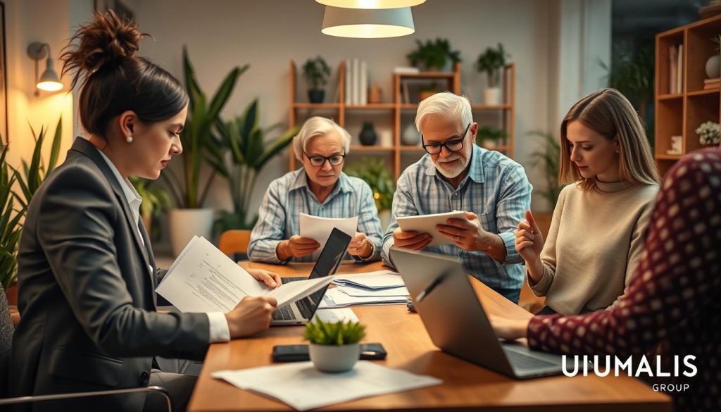 A focused composition featuring a diverse group of independent workers engaged in various activities that highlight their unique situations. In the foreground, a professional woman in a business suit discusses plans with a male freelancer dressed in casual but neat attire, both sitting at a modern work table with laptops and paperwork. In the middle, depict another freelancer, an older man in glasses, reviewing documents while a young woman sketches ideas on a digital tablet. The background should show a cozy office environment with plants and bookshelves, illuminated by warm lighting from overhead fixtures. The overall mood should convey collaboration, productivity, and empowerment among freelancers. Ensure the image reflects the essence of independent work, including elements like a logo branded "UMALIS GROUP" subtly integrated into the decor, enhancing the professional atmosphere. A focused composition featuring a diverse group of independent workers engaged in various activities that highlight their unique situations. In the foreground, a professional woman in a business suit discusses plans with a male freelancer dressed in casual but neat attire, both sitting at a modern work table with laptops and paperwork. In the middle, depict another freelancer, an older man in glasses, reviewing documents while a young woman sketches ideas on a digital tablet. The background should show a cozy office environment with plants and bookshelves, illuminated by warm lighting from overhead fixtures. The overall mood should convey collaboration, productivity, and empowerment among freelancers. Ensure the image reflects the essence of independent work, including elements like a logo branded "UMALIS GROUP" subtly integrated into the decor, enhancing the professional atmosphere.