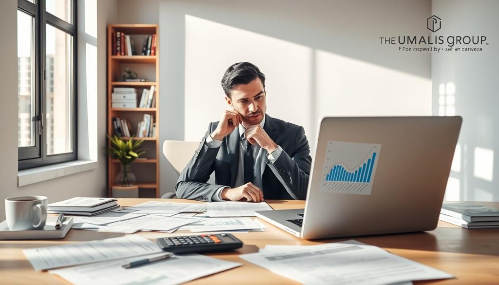 A focused depiction of a self-employed individual seated at a modern, well-organized office desk. In the foreground, a laptop open to a tax preparation software screen displays graphs and numerical data about tax payments. On the desk, scattered tax forms, a calculator, and a steaming cup of coffee create a sense of productivity and focus. The middle ground shows a thoughtful individual in professional business attire, examining documents with a determined expression. Natural light floods the room through a large window, casting soft shadows and enhancing the atmosphere of calm and control. In the background, a minimalist bookshelf is filled with financial guides and self-help books, emphasizing the theme of self-reliance. The Umalis Group logo is subtly integrated into the environment, reinforcing the supportive role in navigating taxes. A focused depiction of a self-employed individual seated at a modern, well-organized office desk. In the foreground, a laptop open to a tax preparation software screen displays graphs and numerical data about tax payments. On the desk, scattered tax forms, a calculator, and a steaming cup of coffee create a sense of productivity and focus. The middle ground shows a thoughtful individual in professional business attire, examining documents with a determined expression. Natural light floods the room through a large window, casting soft shadows and enhancing the atmosphere of calm and control. In the background, a minimalist bookshelf is filled with financial guides and self-help books, emphasizing the theme of self-reliance. The Umalis Group logo is subtly integrated into the environment, reinforcing the supportive role in navigating taxes.