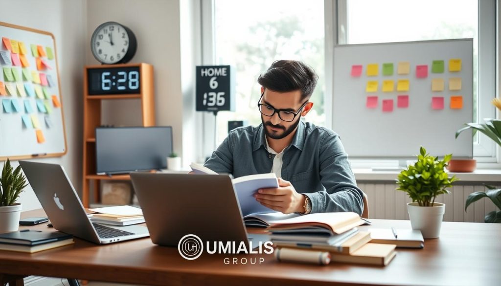 A focused freelancer working in a modern home office setting, surrounded by organized notebooks, a laptop displaying a scheduling app, and a whiteboard filled with colorful post-it notes. The foreground features a stylish desk with a potted plant for a touch of nature. In the middle, a digital clock displays time management reminders, while the background showcases a large window allowing natural light to flood the room, emphasizing productivity. The overall mood is calm and inspiring, with a bright color palette to evoke creativity and focus. The subject, dressed in smart casual attire, is intently writing in a planner, representing effective time management. Incorporate elements such as a logo for "UMALIS GROUP" subtly into the workspace, ensuring it is part of the ambiance without standing out. A focused freelancer working in a modern home office setting, surrounded by organized notebooks, a laptop displaying a scheduling app, and a whiteboard filled with colorful post-it notes. The foreground features a stylish desk with a potted plant for a touch of nature. In the middle, a digital clock displays time management reminders, while the background showcases a large window allowing natural light to flood the room, emphasizing productivity. The overall mood is calm and inspiring, with a bright color palette to evoke creativity and focus. The subject, dressed in smart casual attire, is intently writing in a planner, representing effective time management. Incorporate elements such as a logo for "UMALIS GROUP" subtly into the workspace, ensuring it is part of the ambiance without standing out.