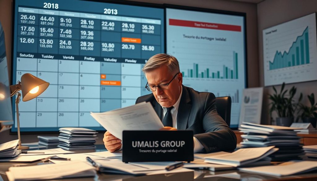 A focused scene featuring a financial consultant seated at a sleek, modern desk cluttered with invoices and financial statements, representing the "Trésorerie du consultant en portage salarial." The consultant, a middle-aged individual in professional business attire, reviews documents under warm, soft lighting that highlights their concentrated expression. In the background, a large digital calendar displays important dates and deadlines, accompanied by graphs symbolizing cash flow and client validation schedules. The mood is one of urgency and focus, with an air of professionalism. The logo of "UMALIS GROUP" is subtly displayed on a desk item, emphasizing branding. The image conveys the weight of client validation deadlines on the consultant’s financial health. The angle is slightly overhead, capturing both the consultant's work and the surrounding organized chaos of financial management.