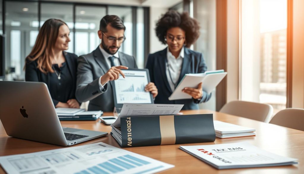 A focused scene illustrating tax strategies for independent professionals, showcasing a diverse group of three individuals dressed in professional business attire, collaboratively discussing and analyzing financial documents at a modern office desk. The foreground features open tax forms, a laptop displaying financial graphs, and a tax strategy book labeled "Umalis Group." In the middle ground, one person points to a digital tablet, highlighting a tax plan, while the others take notes. The background shows a sleek office environment with large windows, soft natural lighting creating a warm ambiance. The mood is one of professionalism and collaboration, symbolizing growth and financial security in self-employment.