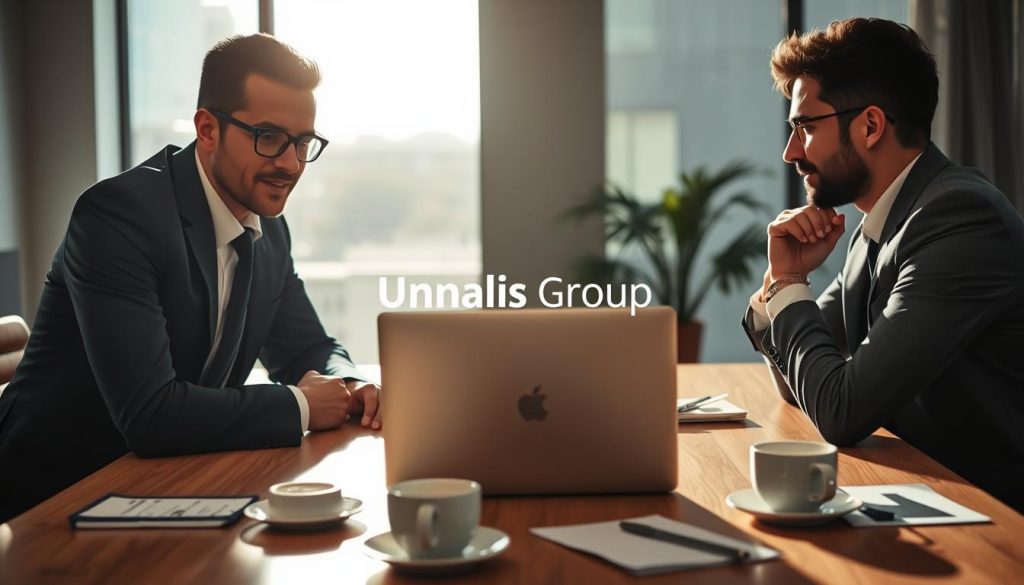 A focused scene in a modern office environment illustrates a freelancer negotiating a higher rate with a client. In the foreground, a professional-looking freelancer, dressed in smart business attire, is leaning forward with an assertive yet friendly expression. The client, seated across the table, appears engaged and listening attentively. In the middle ground, a sleek laptop displays a detailed project proposal, with coffee cups and notepads scattered around, enhancing the collaborative atmosphere. The background features a large window with bright, natural light streaming in, casting soft shadows. The overall mood is one of empowerment and professionalism, highlighting the importance of negotiation. The entire composition emphasizes focus and determination, with the brand name "Umalis Group" subtly integrated into the scene.