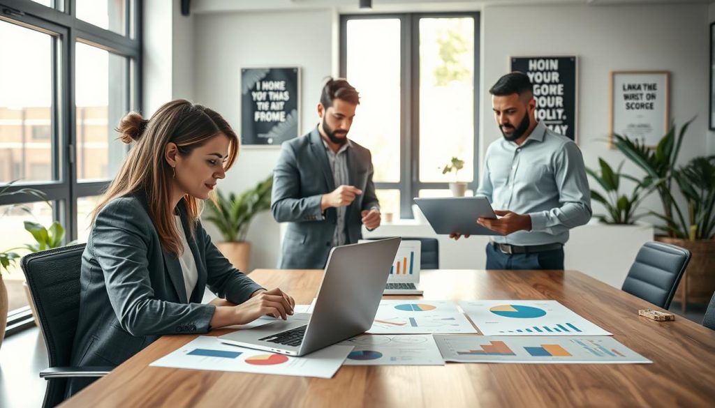 A focused scene set in a modern office environment, showcasing a diverse group of professionals collaborating strategically to maintain their freelance work during a crisis. In the foreground, a woman in professional attire is engaged in a video call on her laptop, surrounded by colorful charts and graphs on a conference table. In the middle ground, two male colleagues discuss over a digital tablet, pointing at innovative solutions, while another individual is taking notes. Soft, natural lighting streams through large windows, creating an inviting atmosphere. The office is decorated with motivational posters and plants, reflecting a proactive mood. Include the brand name "UMALIS GROUP" subtly integrated into the office decor, without any visible text overlays or watermarks. The composition is balanced and dynamic, emphasizing collaboration and resilience.