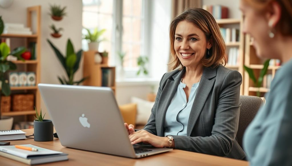 A focused telehealth occupational therapist consulting with a patient via a laptop in a modern home office setting. In the foreground, a middle-aged woman in professional business attire is seated, engaged in the consultation, her expression warm and encouraging. The laptop screen displays a friendly online interface. In the middle ground, a comfortable desk with ergonomic features and organized materials for therapy sessions. Background filled with soft, natural light coming through a window, featuring bookshelves with health-related literature and plants for a calming atmosphere. The overall mood is supportive and professional, reflecting a remote healthcare environment. The image subtly includes the Umalis Group branding on a visible desk item, reinforcing the connection to telehealth services.