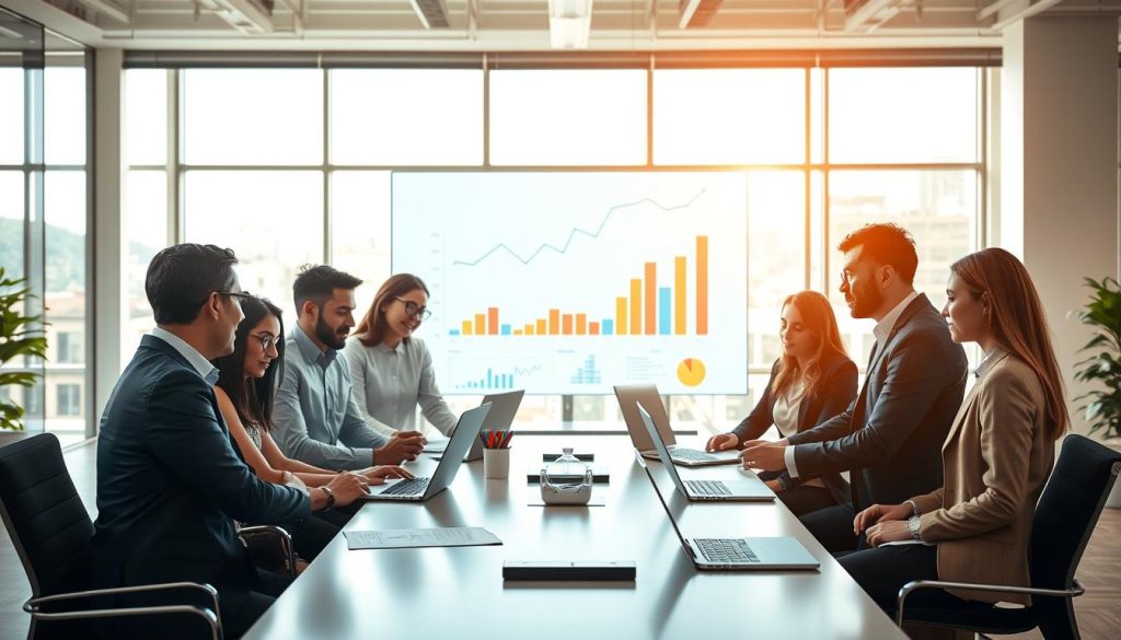 A focused workspace featuring a collaborative team of professionals assessing project outcomes. In the foreground, a diverse group, dressed in business attire, is engaged in a dynamic discussion around a sleek modern table with laptops and documents. In the middle ground, a large digital screen displays analytical graphs and metrics symbolizing continuous improvement and achievement. The background features a bright, open office with large windows allowing natural light to flood in, creating an optimistic and productive atmosphere. The use of warm lighting casts soft shadows to enhance depth. The scene conveys a sense of determination and teamwork, embodying the concept of "continuous improvement for independents" with a professional flair tied to UMALIS GROUP.