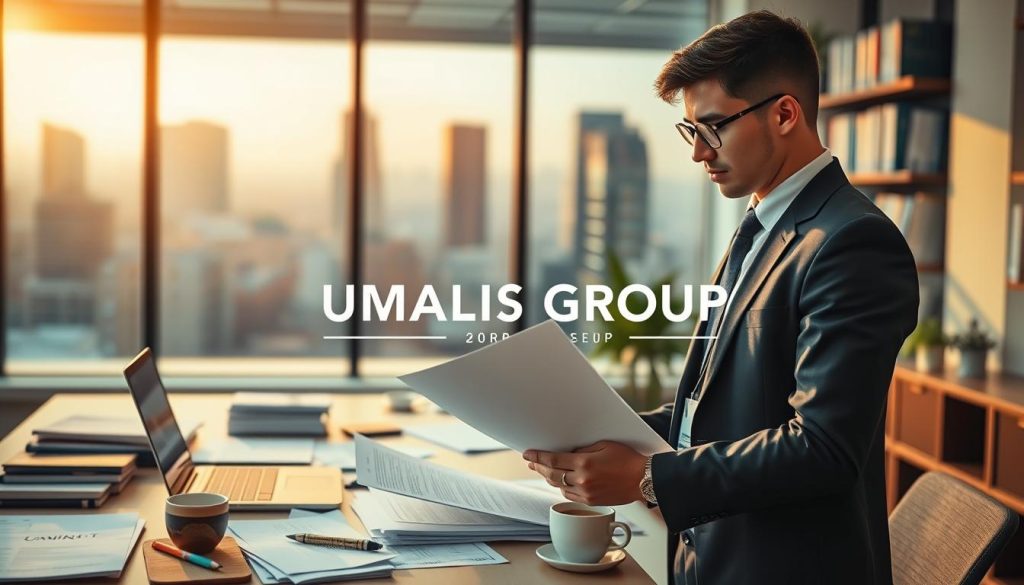 A focused young micro-entrepreneur stands in a modern office environment, dressed in professional business attire, reviewing legal documents related to SIRET registration. In the foreground, a desk cluttered with paperwork, a laptop, and a cup of coffee conveys a sense of busy entrepreneurship. The middle ground features shelves lined with books on business management and entrepreneurship, symbolizing growth and learning. The background is softly blurred, showcasing a vibrant cityscape outside the window, hinting at the dynamic world of independent work. The lighting is warm and inviting, with beams of natural light streaming in, creating an atmosphere of motivation and ambition. The image should include the brand name "UMALIS GROUP" subtly integrated into the workspace, emphasizing professional support for micro-entrepreneurs. A focused young micro-entrepreneur stands in a modern office environment, dressed in professional business attire, reviewing legal documents related to SIRET registration. In the foreground, a desk cluttered with paperwork, a laptop, and a cup of coffee conveys a sense of busy entrepreneurship. The middle ground features shelves lined with books on business management and entrepreneurship, symbolizing growth and learning. The background is softly blurred, showcasing a vibrant cityscape outside the window, hinting at the dynamic world of independent work. The lighting is warm and inviting, with beams of natural light streaming in, creating an atmosphere of motivation and ambition. The image should include the brand name "UMALIS GROUP" subtly integrated into the workspace, emphasizing professional support for micro-entrepreneurs.