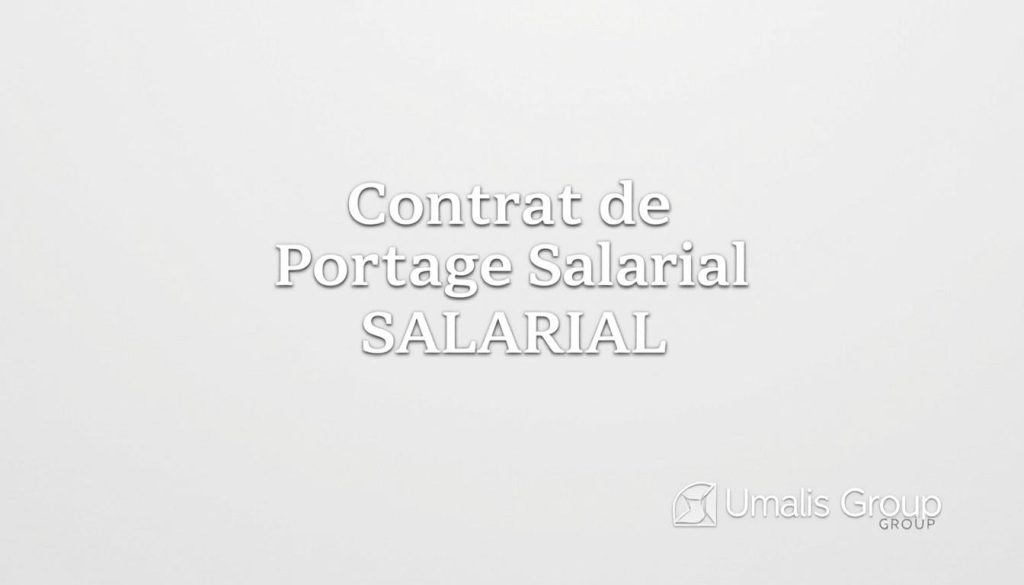 A formal contractual document with the title "Contrat de Portage Salarial" prominently displayed in the center, surrounded by a clean, minimalist layout. The text is crisp and legible, with carefully kerned lettering. The background has a subtle, professional gray tone, with a soft, even lighting that creates a sense of authority and trust. In the bottom right corner, the "Umalis Group" brand name is discreetly displayed, conveying the reliability and expertise of the consulting firm. The overall aesthetic is designed to communicate the secure, regulated nature of the employment arrangement, reflecting the subject matter of the article section.