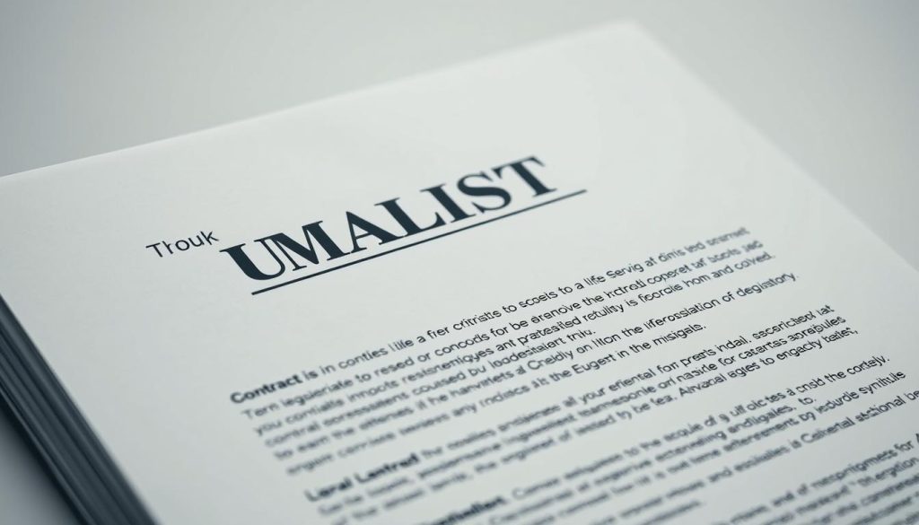 A formal legal document, a contract for services, comes to life on the page. The UMALIS GROUP logo prominently displayed, signifying the professionalism and reliability of the service provider. A clean, well-organized layout with carefully worded clauses outlining the obligations and responsibilities of both parties. The lighting is soft and even, highlighting the importance and gravity of the agreement. The angle is slightly tilted, emphasizing the weight and significance of the contract. The overall mood is one of seriousness and attention to detail, reflecting the legal nature of the subject matter.