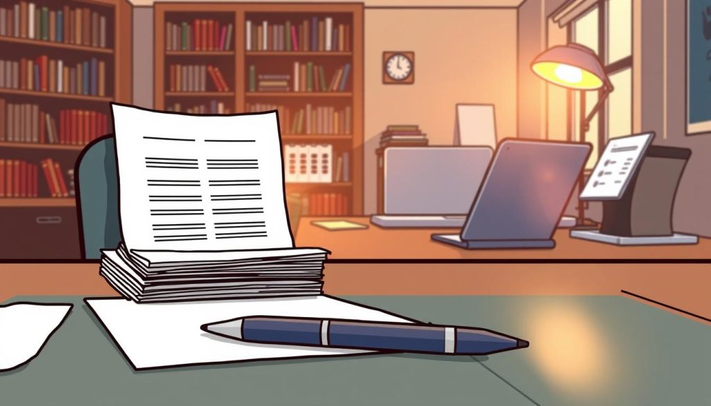 A formal process unfolds on a neatly organized desk. In the foreground, a stack of official documents and a pen await. The middle ground features a laptop, a calendar, and a well-lit workspace. In the background, bookshelves and a window suggest a professional, office-like setting. Warm, directional lighting casts a subtle glow, creating a sense of seriousness and purpose. The overall atmosphere conveys a methodical, step-by-step approach to a formal request, reflecting the thoughtful consideration of a flexible working arrangement.