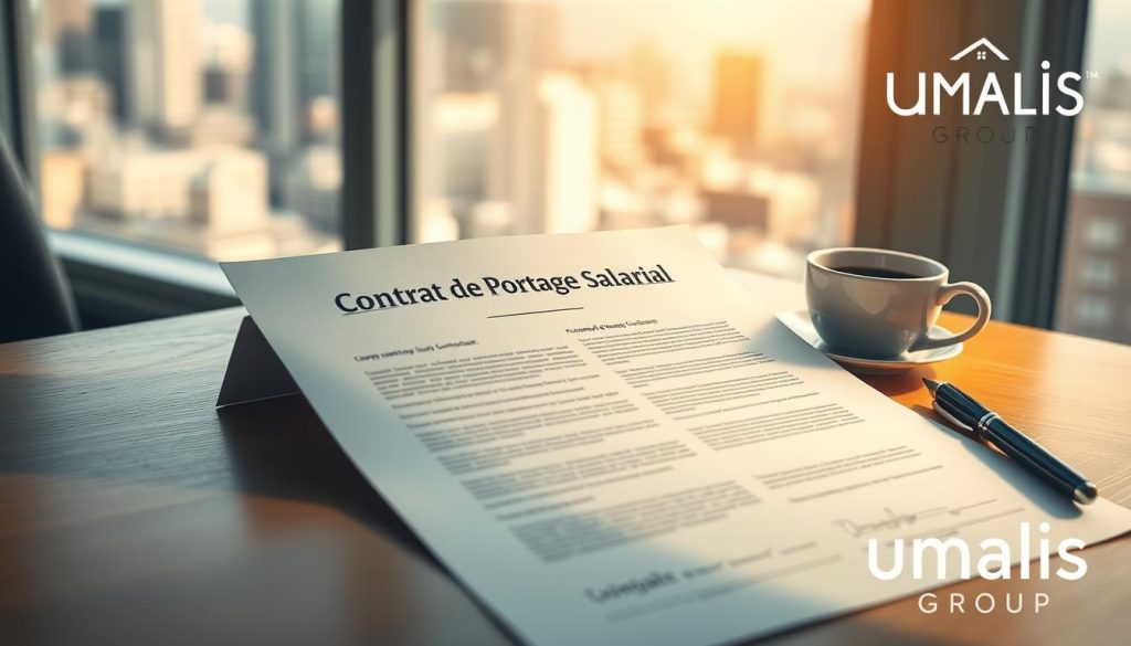 A formal, professional-looking contract document with the title "Contrat de Portage Salarial" prominently displayed at the top, surrounded by a light, airy atmosphere with a soft, warm lighting. The contract is resting on a polished wooden desk, with a pen and a cup of coffee nearby, creating a sense of a productive, organized workspace. In the background, a window overlooking a cityscape, emphasizing the corporate and administrative nature of the subject. The Umalis Group logo is discreetly positioned in the corner, adding an authoritative touch to the image.