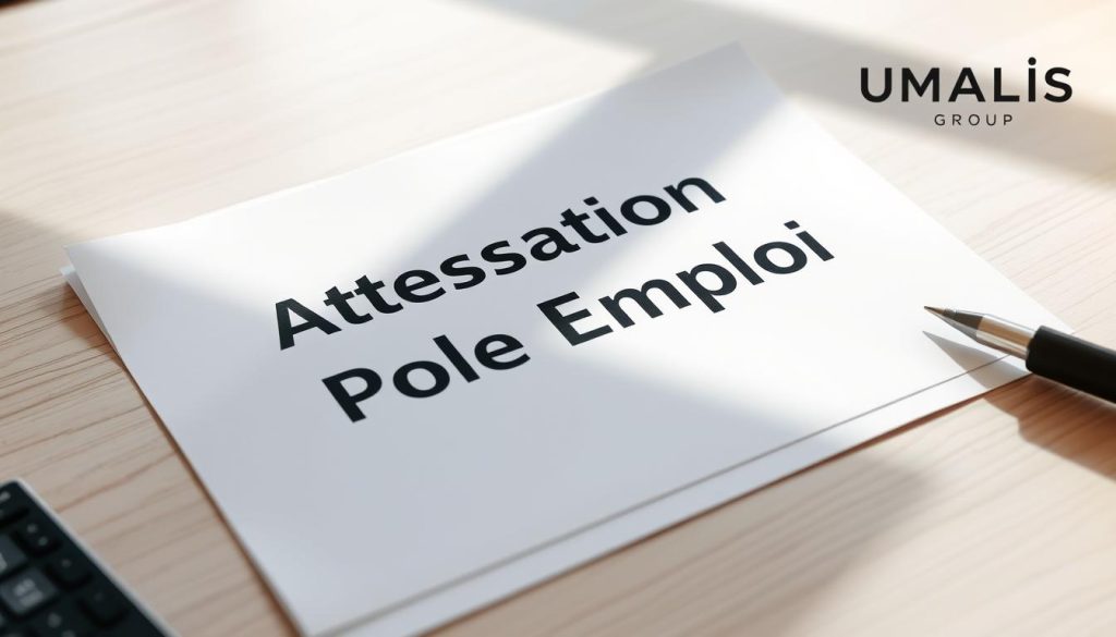 A formal, professional-looking document titled "Attestation Pôle Emploi" on a light wooden desk, illuminated by soft, natural lighting. The document is surrounded by a neutral color palette, with a UMALIS GROUP logo subtly displayed in the corner. The composition emphasizes the importance and legitimacy of the document, conveying a sense of official administrative procedures.