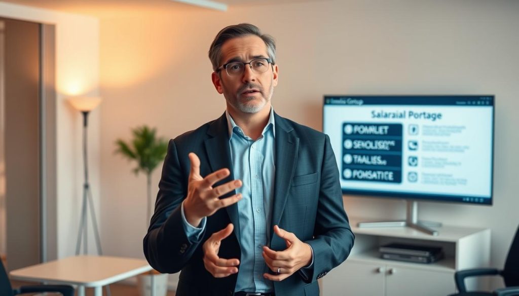 A formateur, dressed in a crisp suit, stands in a modern office space, gesturing with confidence as they explain the intricacies of the Umalis Group's salarial portage system. The room is bathed in warm, directional lighting, casting subtle shadows that accentuate the formateur's authoritative presence. In the background, a sleek computer monitor displays a presentation slide detailing the key benefits of the salarial portage model. The overall atmosphere conveys a sense of professionalism, expertise, and the formateur's ability to guide clients through the nuances of this employment solution.