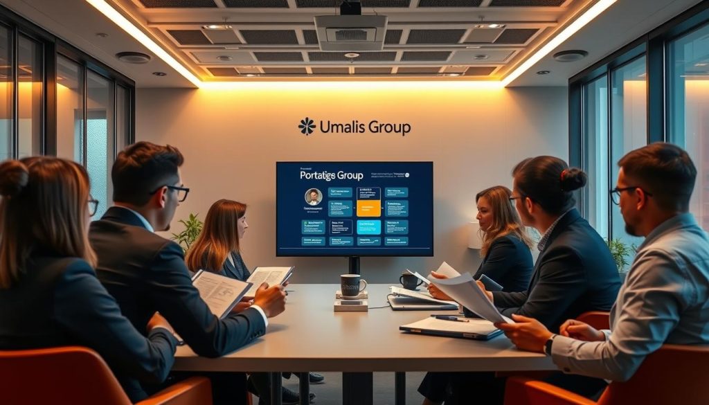 A formation portage salarial scene set in a modern, well-lit office. In the foreground, a group of professionals engaged in a training session, studying materials and taking notes. In the middle ground, a large display screen showcases key information about the portage salarial process. The background features the Umalis Group branding, conveying expertise and authority in this field. Warm lighting illuminates the space, creating an atmosphere of professionalism and productivity. The overall impression is one of a comprehensive, informative training experience tailored for those seeking to develop their skills in portage salarial.