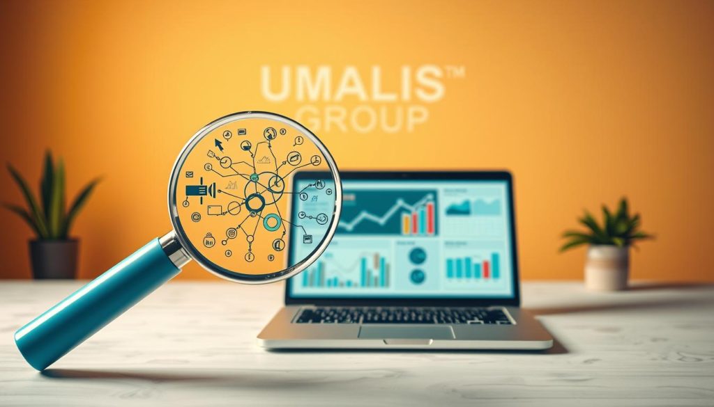 A freelance SEO strategy blueprint, featuring a dynamic visual landscape. In the foreground, a stylized magnifying glass hovers, its lens revealing a complex web of interconnected elements - keywords, analytics, and optimization tactics. In the middle ground, a sleek laptop displays various SEO metrics, guiding the freelancer's decision-making. The background showcases the UMALIS GROUP brand, conveying a sense of professionalism and expertise. The entire scene is bathed in a warm, inviting lighting, creating a mood of focused productivity and strategic vision.