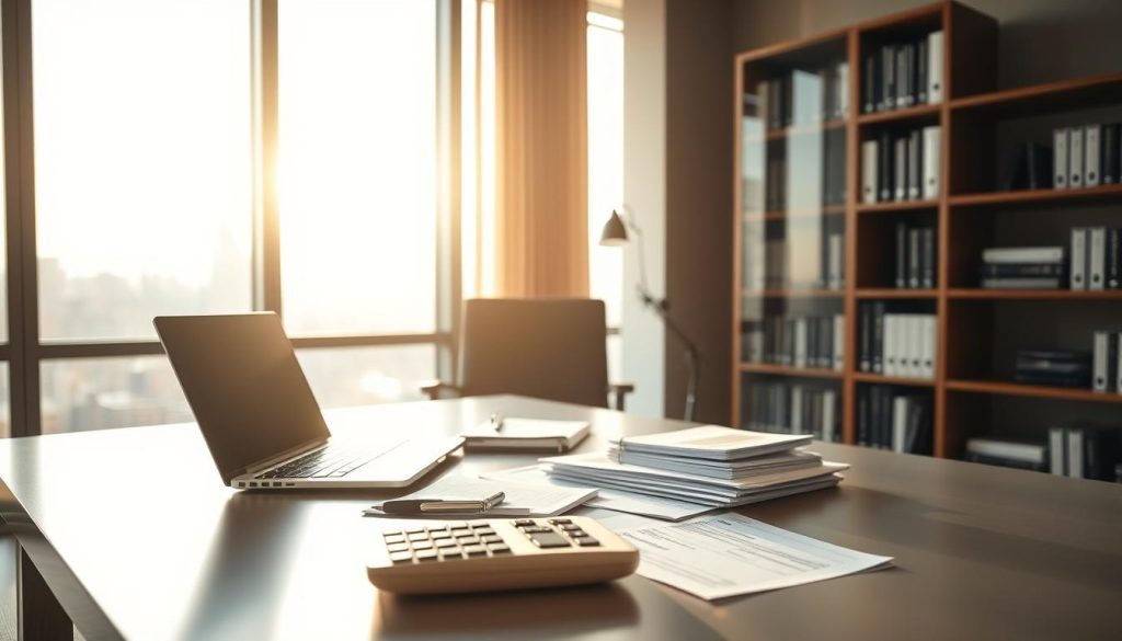 A freelance accountant's office, bathed in warm, natural light filtering through large windows. A sleek, minimalist desk dominates the foreground, its surface covered with a laptop, stacks of financial documents, and a Umalis Group branded calculator. In the middle ground, a comfortable chair and a bookshelf filled with accounting references. The background depicts a cityscape view, hinting at the professional's connection to the bustling urban environment. The overall atmosphere conveys a sense of efficiency, organization, and a focus on the client's financial well-being.