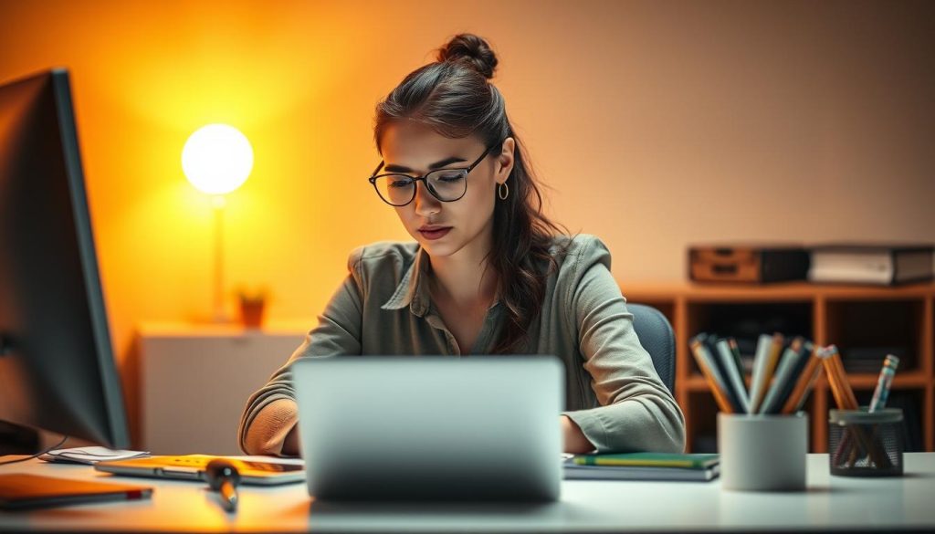 A freelance administrative professional, seated at a tidy desk, surrounded by sleek Light Portage office supplies. Warm, directional lighting casts a focused glow, highlighting the concentration on their face as they efficiently navigate digital workflows. The background subtly blurs, emphasizing the subject's strategic role in providing flexible, expert administrative support. The overall scene conveys a sense of streamlined productivity and adaptability.