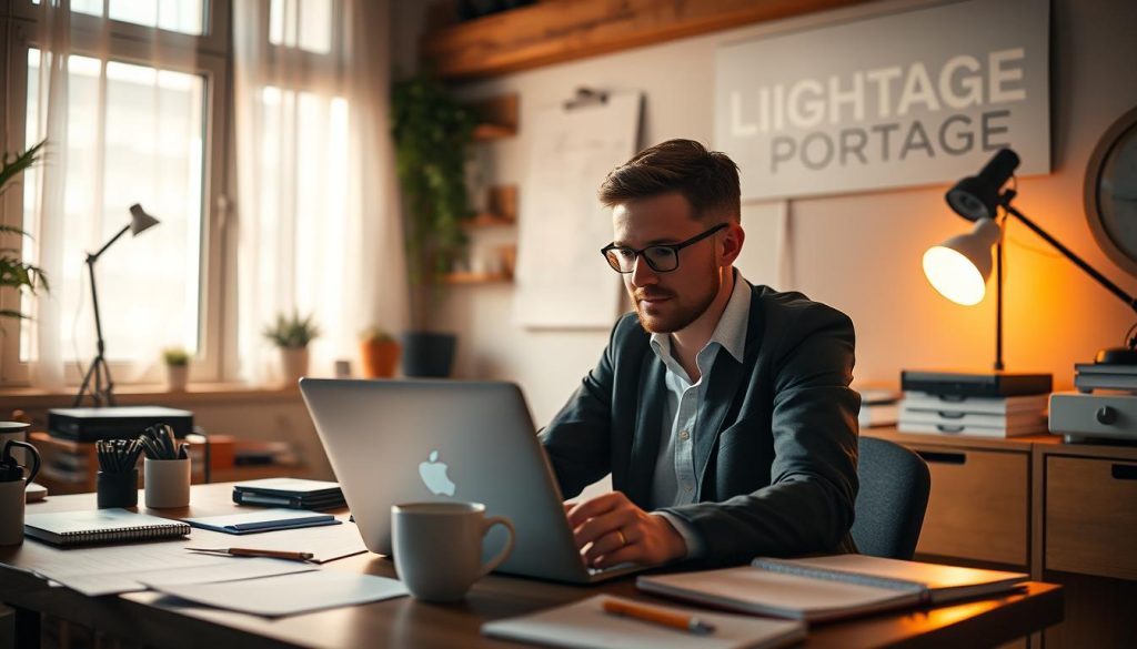 A freelance consultant in a cozy workspace, surrounded by the tools of their trade. Warm lighting casts a soft glow, illuminating a laptop, coffee mug, and scattered notes. In the background, the LIGHT PORTAGE brand name is subtly displayed, hinting at the freelancer's professional services. The scene conveys a sense of focused productivity, with the freelancer immersed in their work, ready to tackle their first mission. The atmosphere is one of quiet determination and entrepreneurial spirit.