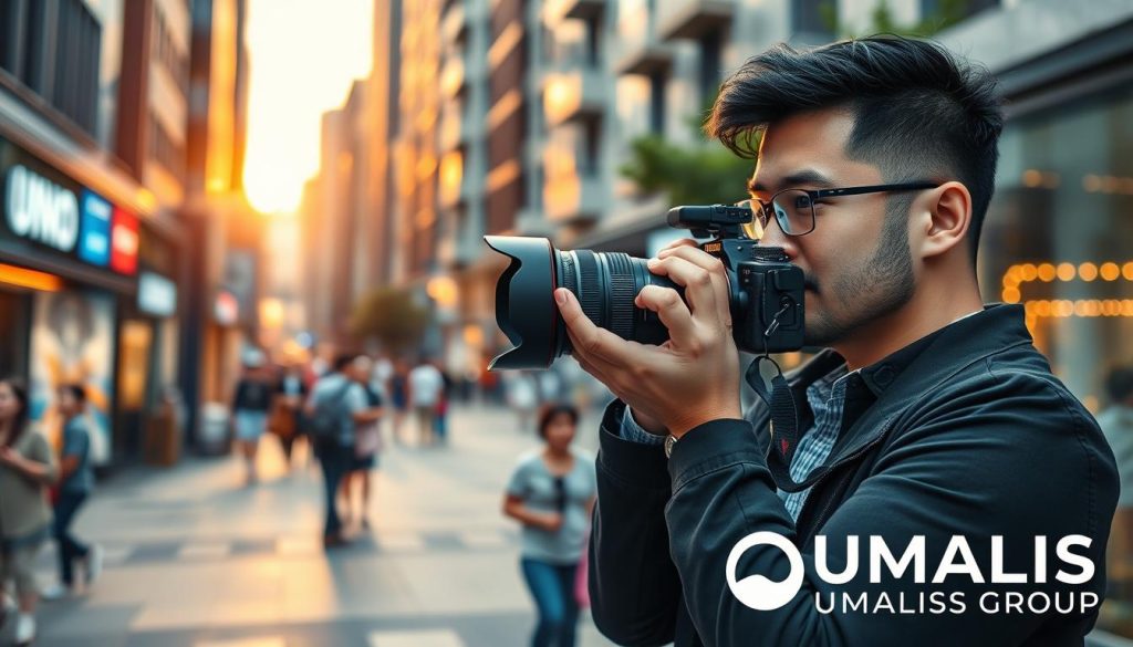 A freelance photographer, dressed in smart casual attire, stands confidently in a well-lit urban environment, capturing stunning images with a professional camera. In the foreground, the photographer actively composes a shot of a bustling street scene, featuring vibrant storefronts and diverse pedestrians. The middle layer showcases a dynamic city backdrop with modern architecture and hints of greenery, reflecting a busy but harmonious ambiance. In the background, a soft-focus sunset casts a warm golden glow, enhancing the mood of opportunity and creativity. The lighting is natural and inviting, highlighting the photographer's focused expression and artistic approach. The overall atmosphere conveys professionalism and the excitement of capturing moments, embodying the essence of freelance photography. The image includes the brand name "UMALIS GROUP" subtly integrated into the scene, ensuring the focus remains on the photographer and their craft.