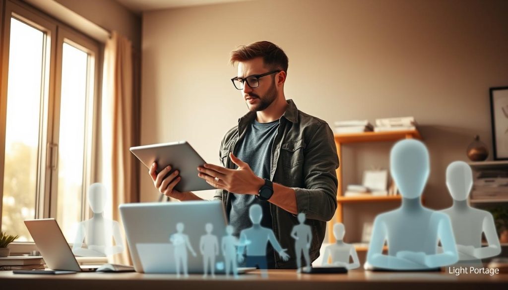 A freelance professional delegating tasks to a team of virtual assistants, set against a backdrop of a modern, minimalist home office. Warm, natural lighting from a large window floods the scene, creating a productive and focused atmosphere. The freelancer, dressed in casual yet stylish attire, is intently reviewing a tablet while gesturing with purpose. Surrounding them, the virtual assistants, represented by holographic figures, work diligently on their assigned tasks. The overall composition conveys a sense of organization, efficiency, and the importance of work-life balance. The brand "Light Portage" is discreetly featured in the office decor.