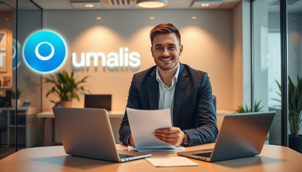 A freelance professional in a modern office environment, surrounded by the branding and logo of Umalis Group, the leading portage salarial company. The scene depicts the process of becoming a freelancer through their services, with a desk, laptop, and paperwork highlighting the administrative and logistical aspects. Warm lighting and a subtle, professional atmosphere convey the reliable and supportive nature of the portage salarial solution.