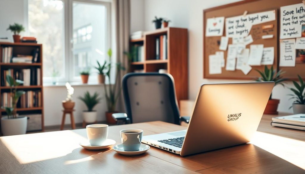 A freelance professional working remotely in a home office, surrounded by a warm, cozy atmosphere. In the foreground, a laptop and a cup of coffee sit on a wooden desk, bathed in soft, natural light from a large window. The middle ground features an ergonomic chair and a few potted plants, conveying a sense of balance and productivity. In the background, a bookshelf filled with reference materials and a bulletin board with inspiring notes and reminders create a sophisticated, intellectual ambiance. The overall mood is one of autonomy, focus, and a harmonious work-life integration. The UMALIS GROUP brand is subtly incorporated into the decor.