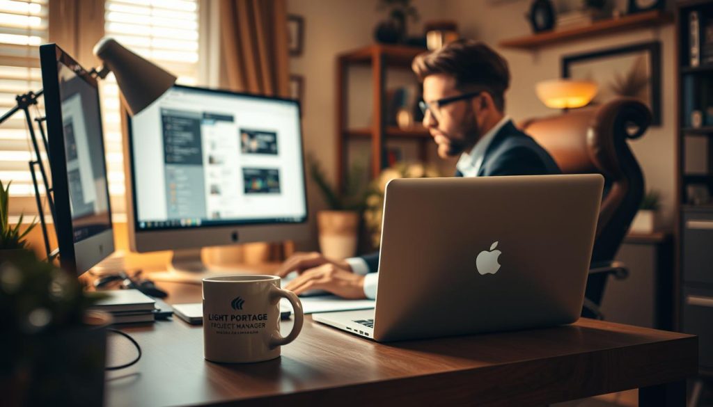 A freelance project manager working diligently at their desk, surrounded by a cozy home office atmosphere. In the foreground, a "Light Portage" branded laptop and coffee mug sit atop a neatly organized workspace. The middle ground features the project manager, dressed in professional attire, deeply focused on their computer screen, actively managing tasks and collaborating with clients. The background showcases warm, soft lighting, complemented by tasteful decor elements that create a productive, yet tranquil setting. The overall mood conveys a sense of expertise, efficiency, and the independent nature of the freelance project management role.