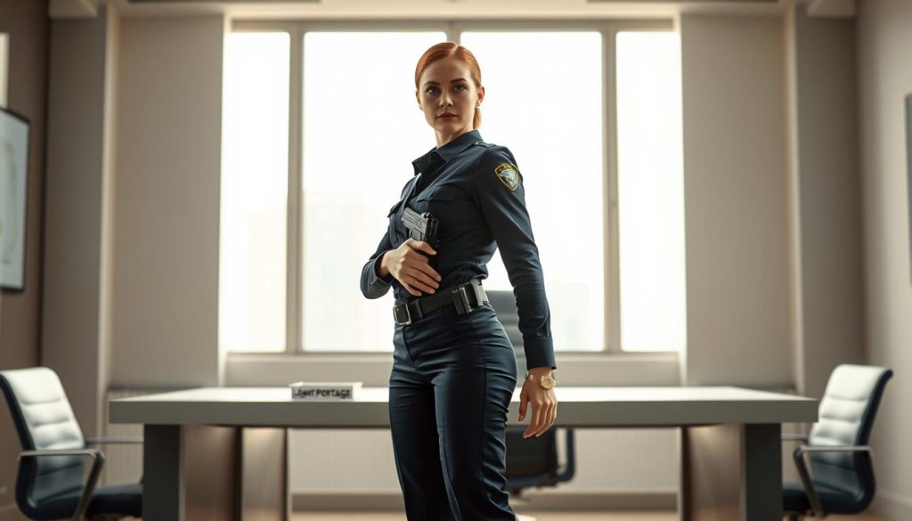 A freelance security guard, "Marge Sécurité", stands vigilantly in a well-lit office space, her uniform crisp and her expression alert. The foreground features her figure in a dynamic, heroic pose, her hand resting on her holstered sidearm. In the middle ground, a sleek, minimalist desk adorned with the "Light Portage" brand nameplate sits, representing the organized work environment. The background showcases tall windows, letting in natural light and conveying a sense of professionalism and security. The overall mood is one of competence, reliability, and the careful management of unexpected challenges, reflecting the article's focus on maintaining deadlines as a freelancer.