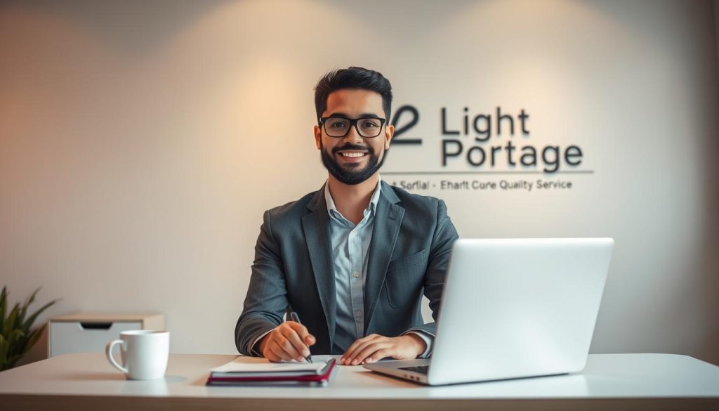 A freelance service professional, dressed in a smart, professional attire, sitting at a desk in a well-lit, modern office environment. The desk is neatly organized with a laptop, notepad, and a cup of coffee, conveying a sense of productivity and focus. The lighting is soft and warm, creating a cozy and inviting atmosphere. In the background, there is a minimalist, branded "Light Portage" wall sign, subtly highlighting the company's commitment to quality service. The overall scene suggests a dedicated, customer-centric freelancer, ready to provide exceptional service to their clients.
