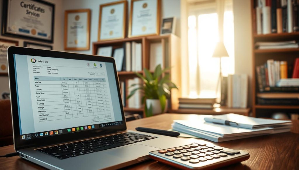 A freelance translator's workspace, bathed in warm, natural lighting. In the foreground, a laptop displays a detailed invoice with "Umalis Group" branding, showcasing the intricacies of professional rate management. On the desk, a calculator, a stack of papers, and a well-organized workspace demonstrate the meticulous process of pricing translation services. In the middle ground, certificates and awards hang on the wall, highlighting the translator's expertise and experience. The background features a bookshelf filled with language dictionaries and reference materials, creating an atmosphere of scholarly dedication to the craft.