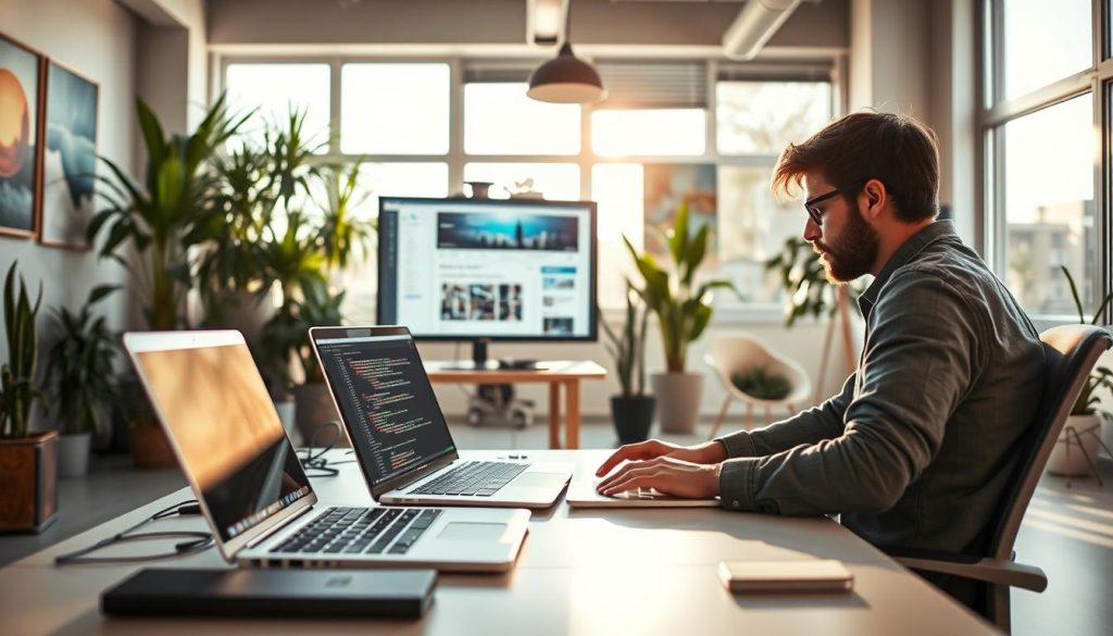 A freelance web developer hard at work, surrounded by the tools of their trade. In the foreground, a clean, minimalist workspace with a sleek Light Portage laptop, various code editors and design software open on the screen. The developer, dressed in a casual yet professional outfit, is focused intently on their screen, their fingers dancing across the keyboard. The middle ground features a large monitor displaying a complex web application, while the background showcases a modern, sun-drenched office space with large windows, inspiring artwork, and potted plants, evoking a sense of creativity and productivity. The lighting is warm and natural, casting a gentle glow over the scene. The overall atmosphere is one of focused, innovative, and technological expertise.