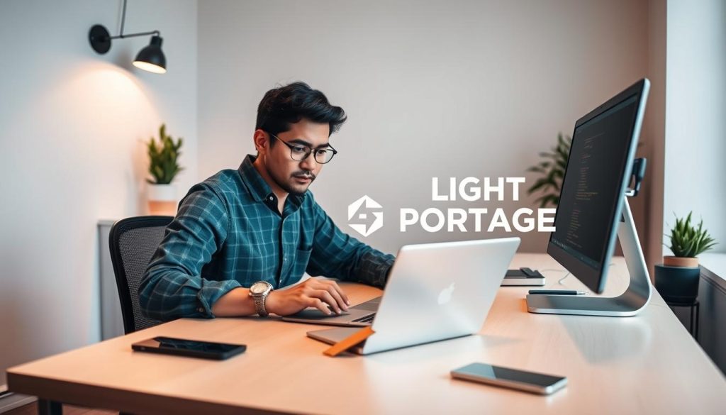 A freelance web developer working diligently at a modern desk, showcasing a sleek laptop and various coding tools. The workspace is well-lit with a warm, inviting ambiance, capturing the focus and dedication required for the profession. In the background, a minimalist LIGHT PORTAGE branding element subtly emphasizes the versatility and mobility of the freelance lifestyle. The overall composition conveys a sense of professionalism, productivity, and the independent nature of a freelance web developer.