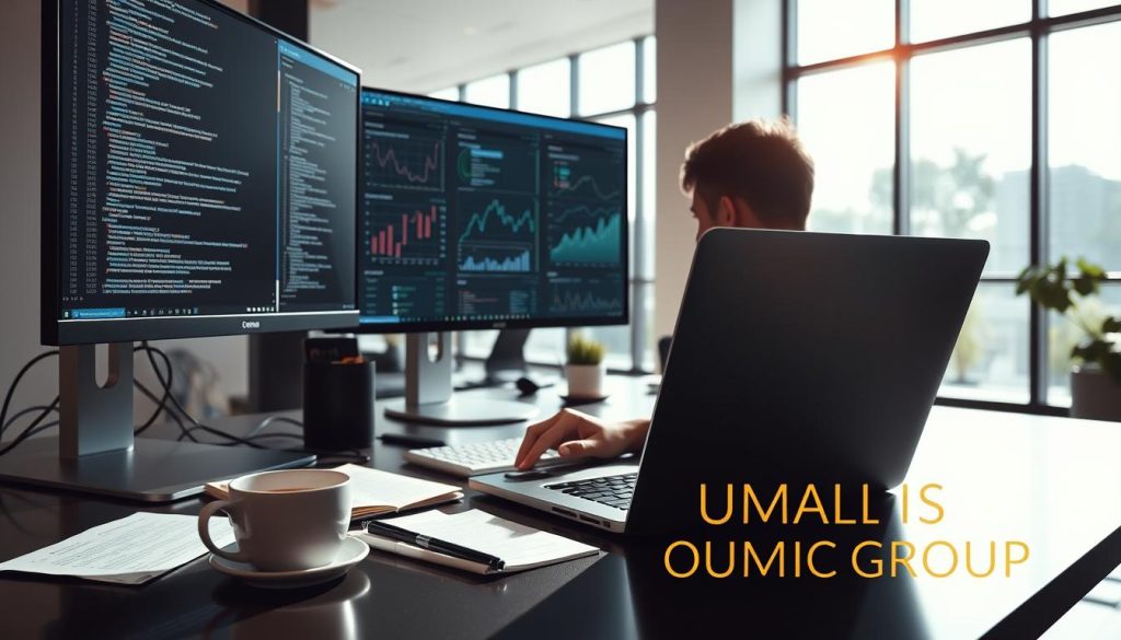 A freelance web developer working intently at a sleek, modern desk setup, surrounded by multiple screens displaying lines of code and website designs. The foreground features a close-up of their hands typing on a laptop, showcasing a professional yet creative atmosphere, with a cup of coffee and notepads scattered nearby. In the middle ground, a large monitor shows graphs and analytics, symbolizing innovation and technology. In the background, large windows allow natural light to pour in, illuminating the space and giving a sense of openness. The mood is focused and professional, reflecting the essence of freelance web development. Include the brand name "UMALIS GROUP" subtly on the desktop.