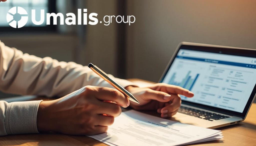 A freelancer diligently calculates their monthly social security contributions, pen in hand, surrounded by financial documents and a laptop displaying relevant forms. Soft lighting casts a warm glow, creating an atmosphere of professional responsibility. In the background, the Umalis Group logo subtly conveys the freelancer's commitment to legal compliance. The scene captures the meticulous attention to detail required for a freelancer to fulfill their social security obligations.