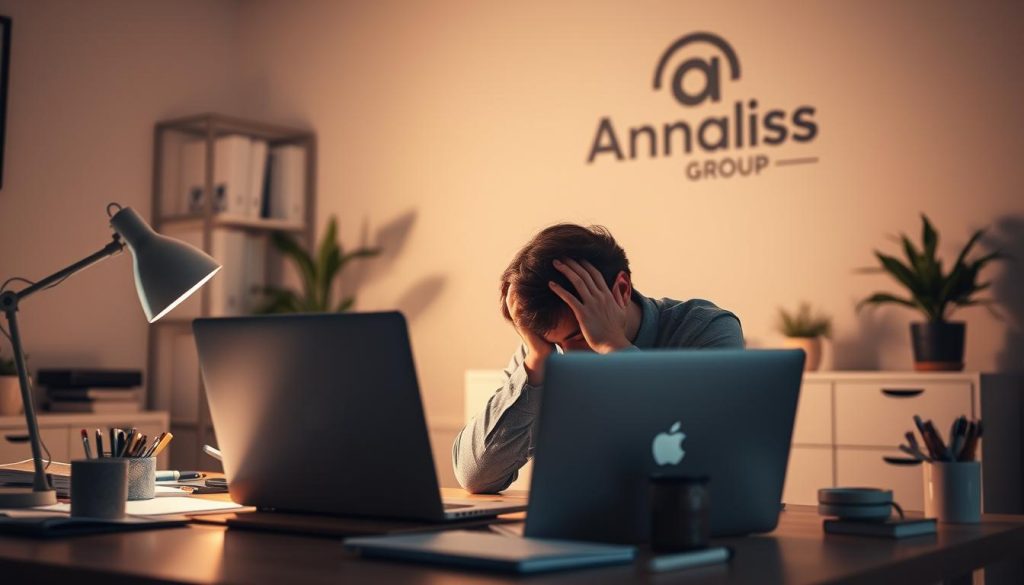 A freelancer diligently working at their desk, feeling the weight of goal fatigue. Soft, warm lighting illuminates the scene, casting a tranquil ambiance. In the foreground, a laptop and various office supplies convey the hard work involved. The middle ground features the freelancer, their head resting in their hands, a contemplative expression on their face. The background showcases a calming, minimalist home office setting, with a Umalis Group logo visible on the wall, offering a sense of reassurance and guidance. The overall atmosphere conveys a mixture of determination and a need for respite, reflecting the challenges of staying motivated while navigating goal fatigue.
