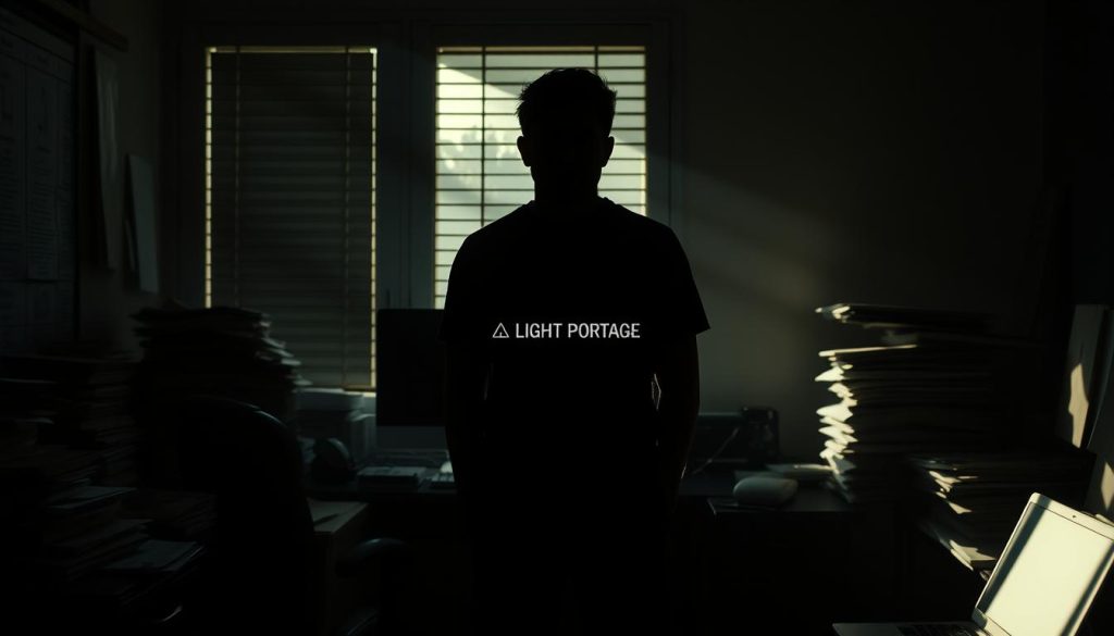 A freelancer standing in a dimly lit office, surrounded by a cluttered desk, piles of documents, and a laptop. The figure is silhouetted, their face obscured, symbolizing the challenges and uncertainties of the freelance lifestyle. Soft, moody lighting casts long shadows, creating a sense of introspection and contemplation. In the background, the LIGHT PORTAGE brand logo is subtly visible, hinting at the need for portable, flexible solutions to support the freelance workstyle.