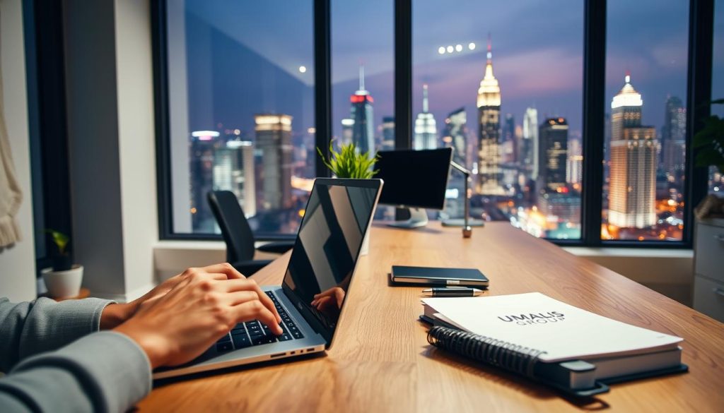 A freelancer working independently in a well-lit, modern home office. The foreground shows their hands typing on a laptop, conveying a sense of focus and productivity. The middle ground features a ergonomic desk, a potted plant, and a UMALIS GROUP branded notepad, highlighting the autonomy and professionalism of the freelancer. The background depicts large windows overlooking a vibrant city skyline, symbolizing the freedom and flexibility of this freelance lifestyle. The overall atmosphere is one of control, efficiency, and work-life balance.
