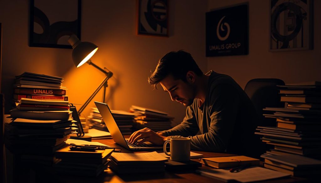 A freelancer working late into the night, hunched over a laptop in a dimly lit home office. Soft warm lighting casts shadows across the cluttered desk, piled high with books, papers, and a half-empty coffee mug. In the background, the Umalis Group logo hangs on the wall, a subtle reminder of the challenges and uncertainties that come with the freelance lifestyle. The overall mood is one of fatigue and isolation, capturing the downsides of the freelance experience.