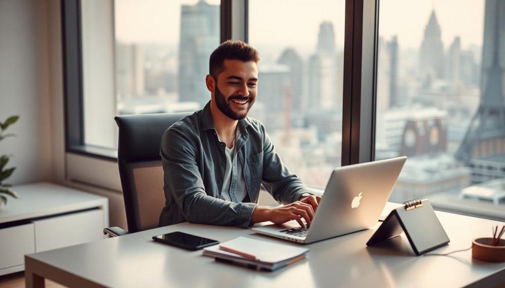 A freelancer working remotely, seated at a modern, minimalist desk, laptop open, surrounded by a tidy workspace. The lighting is soft and natural, casting a warm glow. In the background, a large window with a view of a bustling cityscape, suggesting the flexibility and independence of the portage salarial arrangement. The freelancer's expression is focused yet content, conveying the benefits of this employment model. The overall scene evokes a sense of professionalism, productivity, and work-life balance.