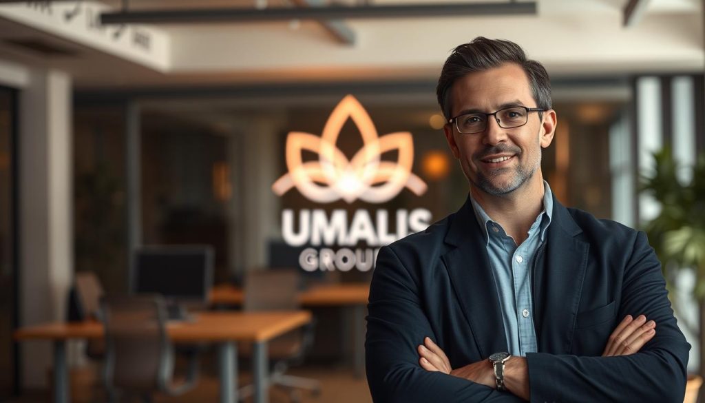 A freelancer's value proposition is a striking, well-lit illustration of their unique skills and services. In the foreground, an experienced professional with confident body language stands against a blurred background, showcasing their expertise. The middle ground features a glowing, abstract graphic representation of the Umalis Group brand, symbolizing the freelancer's partnership with this leading organization. The background depicts a modern, minimalist office setting, conveying a sense of productivity and professionalism. Warm, directional lighting enhances the freelancer's features and creates a sense of depth, while a slightly elevated camera angle suggests their elevated status and value to potential clients.