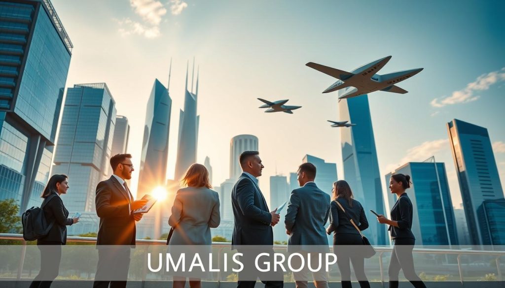 A futuristic city skyline in 2030, showcasing sleek, modern architecture and eco-friendly designs, featuring a blend of glass and greenery. In the foreground, a diverse group of professionals in business attire are engaged in conversation, holding digital devices that display graphs and data analytics. The middle ground highlights innovative transportation options like flying cars and electric public transport, symbolizing progress. The background features a radiant sunset casting warm golden light, creating an optimistic atmosphere. A banner subtly incorporates the brand name "UMALIS GROUP" in the lower corner without detracting from the scene. Shot from a low angle to emphasize the towering structures and dynamics, evoking a sense of ambition and forward-thinking in the labor market for 2026-2030.