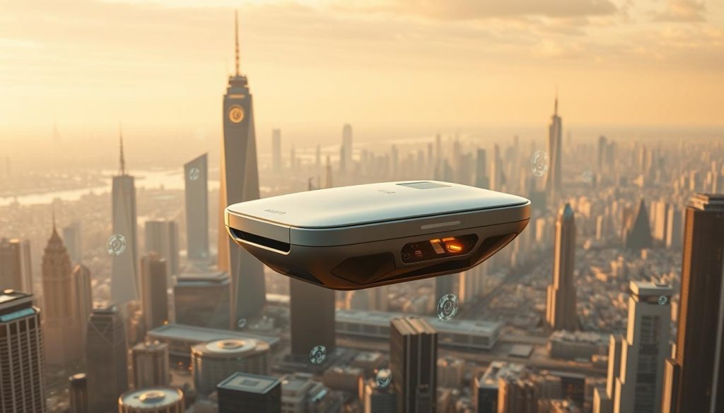 A futuristic cityscape, bathed in a warm, muted glow. In the foreground, a sleek, minimalist LIGHT PORTAGE device hovers, its streamlined design reflecting the gleaming skyscrapers and floating transport pods in the middle ground. Subtle holographic interfaces flicker to life, showcasing the latest advancements in AI-powered enterprise platforms. The background is a sprawling metropolis, its skyline dotted with towering, angular structures that seem to reach for the heavens, symbolizing the ever-evolving technological landscape. A sense of progress and innovation permeates the scene, creating an atmosphere of excitement and possibility.