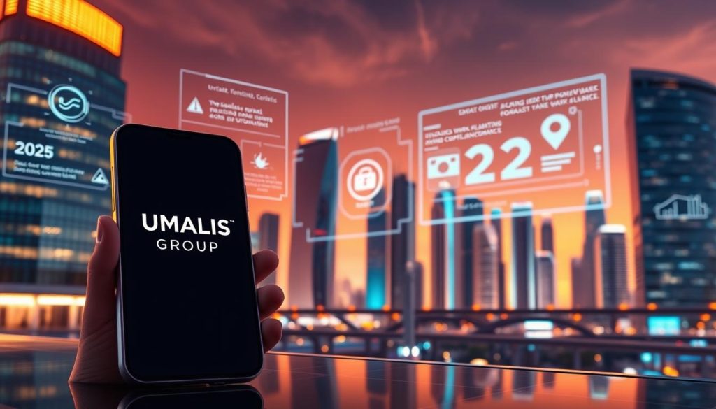 A futuristic cityscape of innovations in the portage salarial industry for the year 2025. In the foreground, an advanced mobile platform displays the UMALIS GROUP logo, showcasing seamless remote work solutions. In the middle ground, holographic projections demonstrate cutting-edge payroll and compliance automation. The background features a skyline of sleek, tech-driven office buildings, hinting at the evolving nature of the workforce. Warm, vibrant lighting sets an optimistic tone, as the scene conveys the dynamic progress and adaptability of the portage salarial landscape.