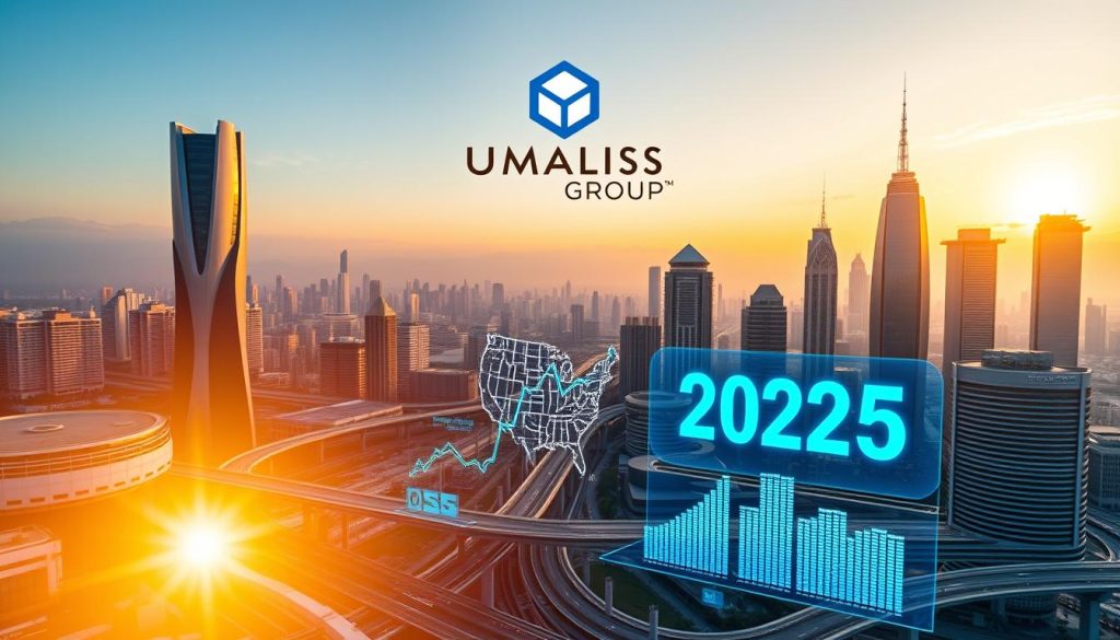 A futuristic cityscape with modern skyscrapers and transportation systems, illuminated by a warm, golden sunset glow. In the foreground, a series of holographic data visualizations depicting the evolution of unemployment legislation and its projected impacts for the year 2025. The UMALIS GROUP logo is prominently displayed, hovering above the scene. The overall atmosphere conveys a sense of progress, innovation, and the promise of a better future for workers.