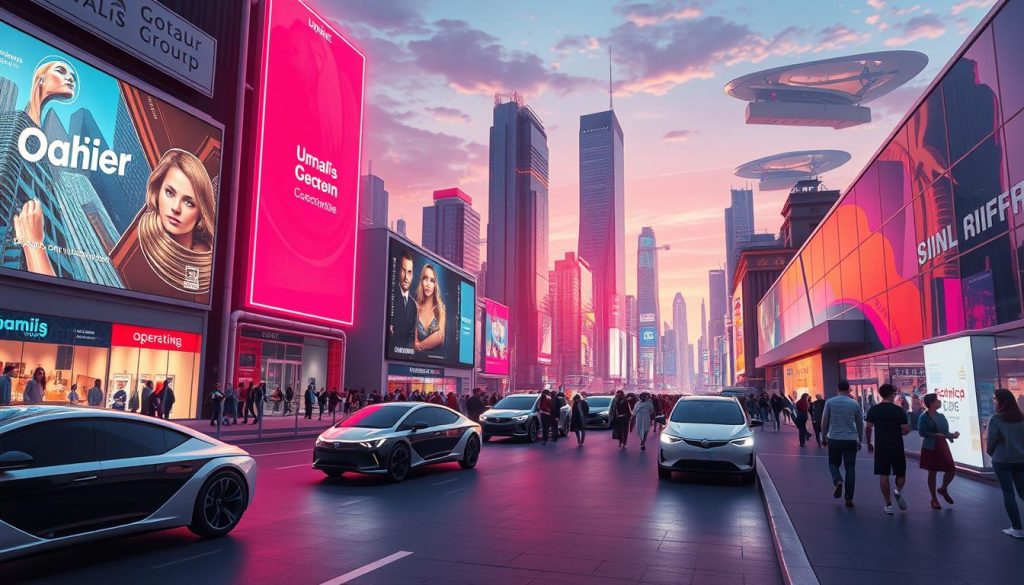 A futuristic cityscape with towering holographic billboards and digital displays showcasing the latest Umalis Group innovations. In the foreground, sleek autonomous vehicles glide silently along the streets, their surfaces reflecting the vibrant neon lighting. The middle ground features a bustling crowd of pedestrians interacting with interactive storefront windows, their faces illuminated by the warm glow of augmented reality overlays. In the background, a skyline of gleaming skyscrapers and floating data centers, bathed in a soft, futuristic hue cast by the setting sun. The scene conveys a sense of technological advancement, seamless connectivity, and the evolution of advertising in an immersive, visually striking manner. A futuristic cityscape with towering holographic billboards and digital displays showcasing the latest Umalis Group innovations. In the foreground, sleek autonomous vehicles glide silently along the streets, their surfaces reflecting the vibrant neon lighting. The middle ground features a bustling crowd of pedestrians interacting with interactive storefront windows, their faces illuminated by the warm glow of augmented reality overlays. In the background, a skyline of gleaming skyscrapers and floating data centers, bathed in a soft, futuristic hue cast by the setting sun. The scene conveys a sense of technological advancement, seamless connectivity, and the evolution of advertising in an immersive, visually striking manner.